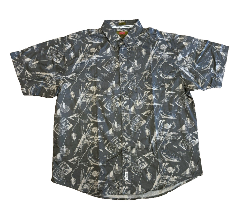 Wrangler Outdoor Gear XL Fishing Lure Fly Print Shirt 100% Cotton NWOT